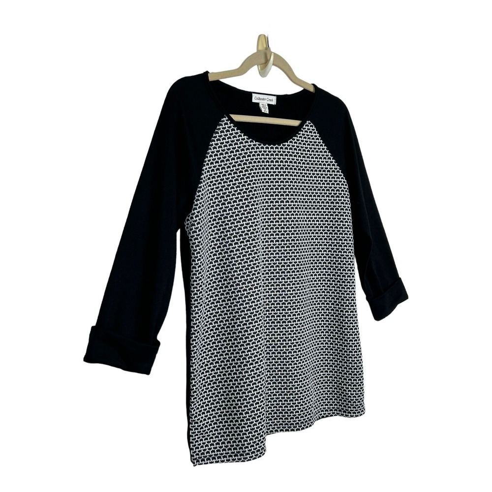 Coldwater Creek Women's Pullover Sweater M 10-12 Black White 3/4 Sleeve Made USA